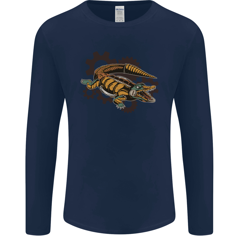 Steampunk Crocodile Alligator Mens Long Sleeve T-Shirt Navy Blue