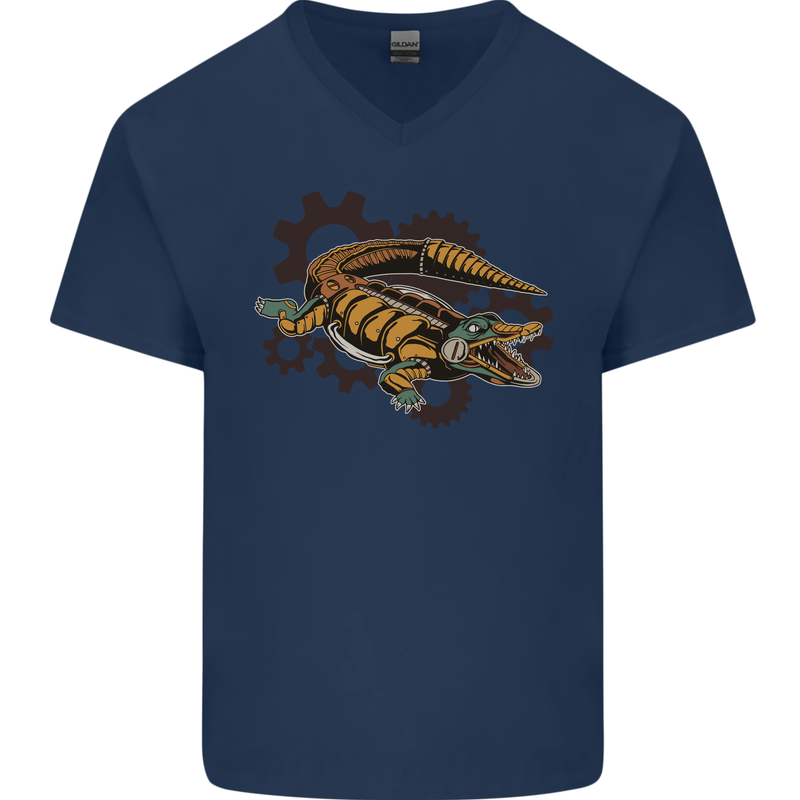 Steampunk Crocodile Alligator Mens V-Neck Cotton T-Shirt Navy Blue