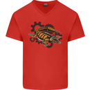 Steampunk Crocodile Alligator Mens V-Neck Cotton T-Shirt Red