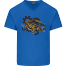 Steampunk Crocodile Alligator Mens V-Neck Cotton T-Shirt Royal Blue