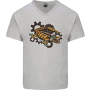 Steampunk Crocodile Alligator Mens V-Neck Cotton T-Shirt Sports Grey