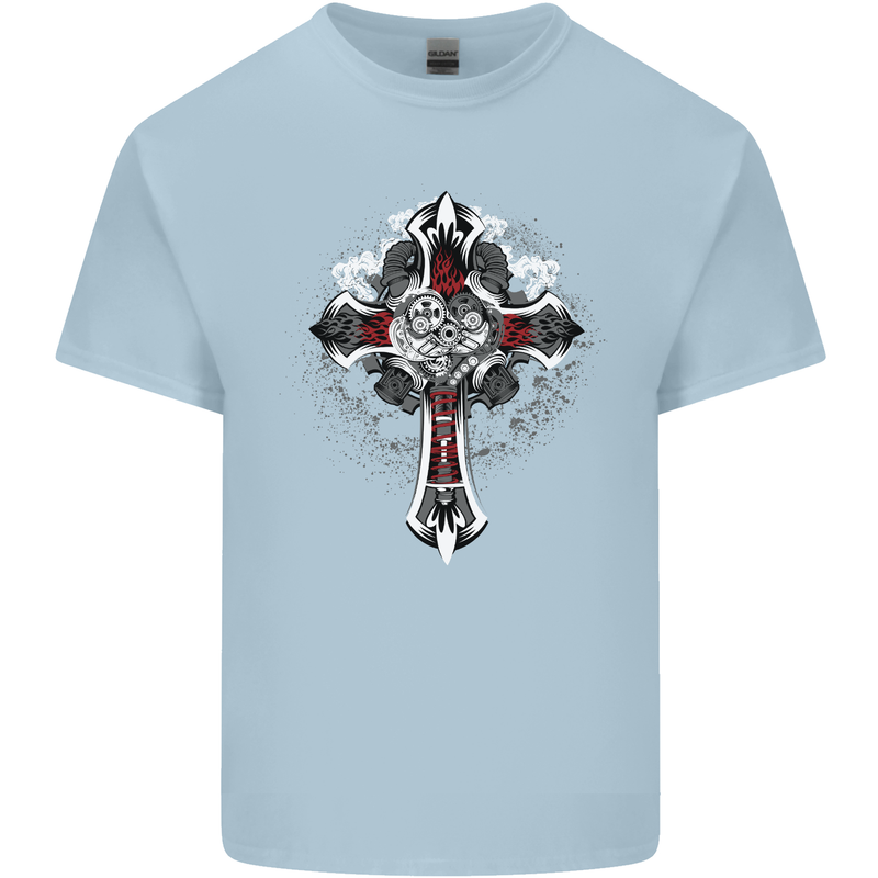 Steampunk Cross Gothic Heavy Metal Biker Mens Cotton T-Shirt Tee Top Light Blue