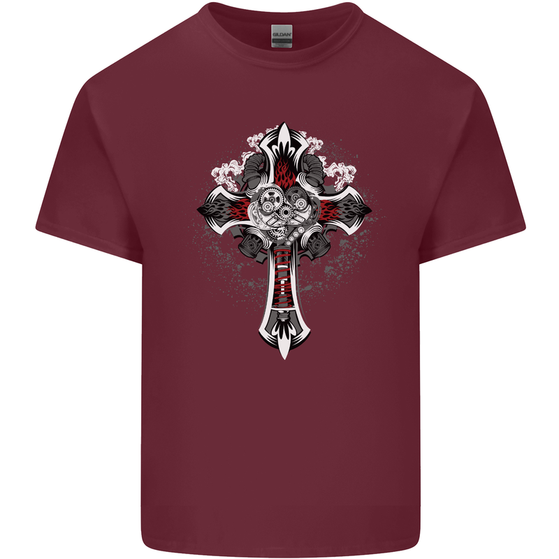 Steampunk Cross Gothic Heavy Metal Biker Mens Cotton T-Shirt Tee Top Maroon