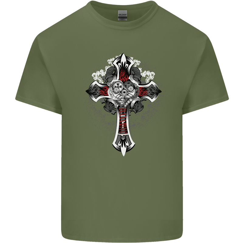 Steampunk Cross Gothic Heavy Metal Biker Mens Cotton T-Shirt Tee Top Military Green