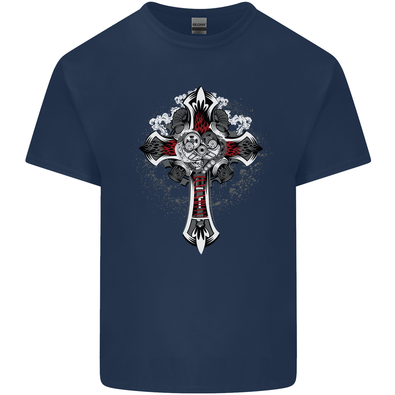 Steampunk Cross Gothic Heavy Metal Biker Mens Cotton T-Shirt Tee Top Navy Blue