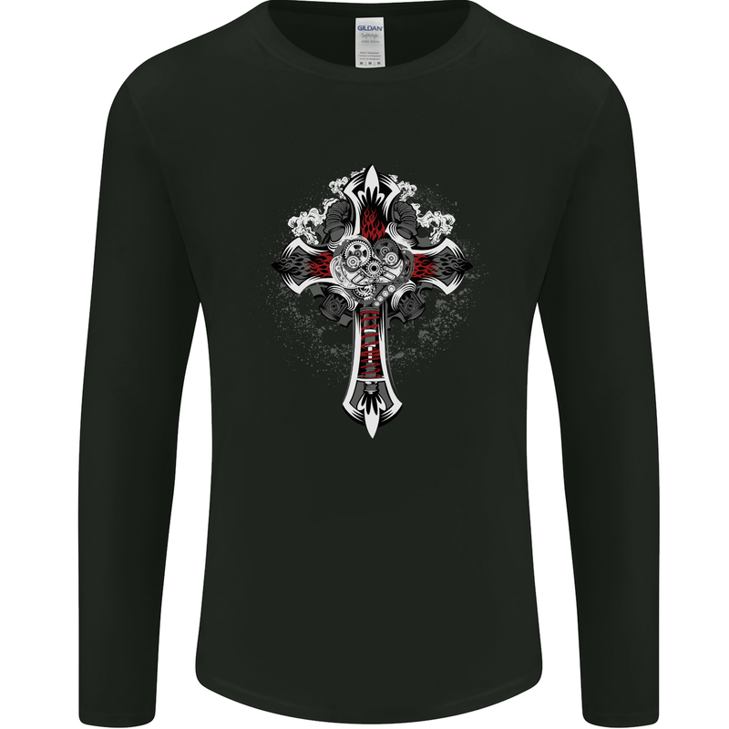 Steampunk Cross Gothic Heavy Metal Biker Mens Long Sleeve T-Shirt Black