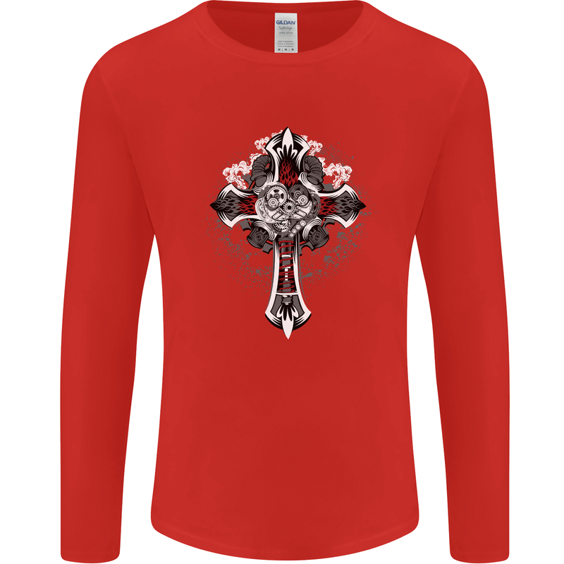 Steampunk Cross Gothic Heavy Metal Biker Mens Long Sleeve T-Shirt Red