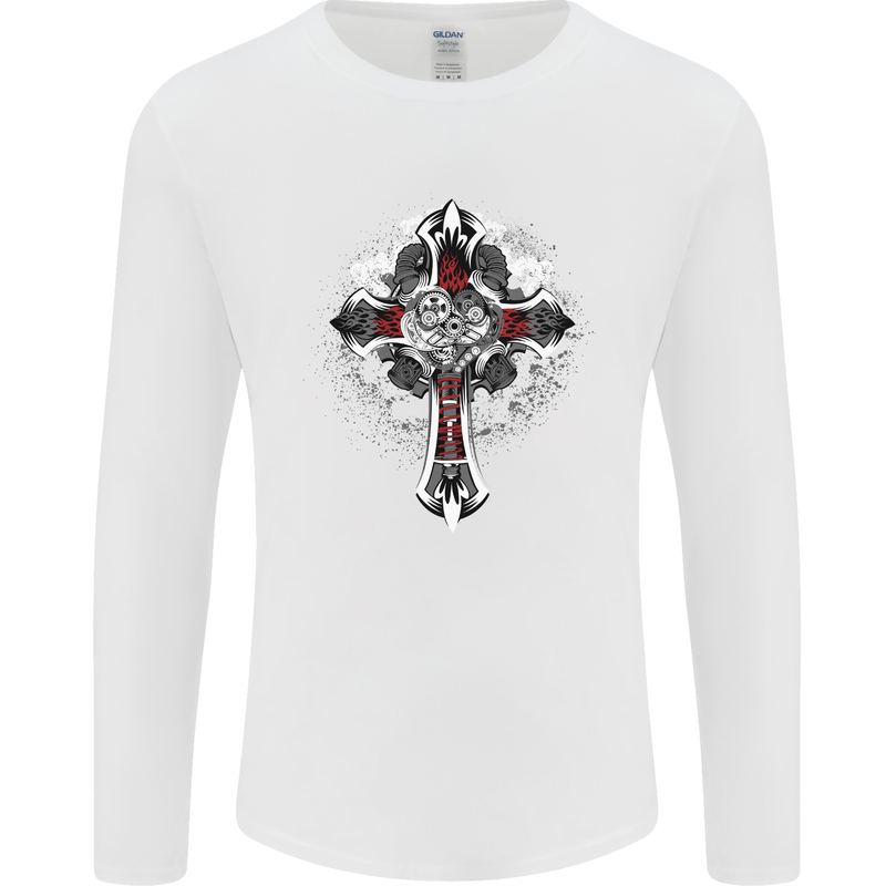 Steampunk Cross Gothic Heavy Metal Biker Mens Long Sleeve T-Shirt White