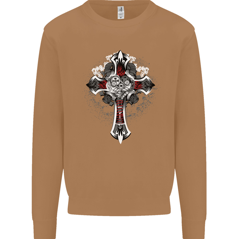 Steampunk Cross Gothic Heavy Metal Biker Mens Sweatshirt Jumper Caramel Latte