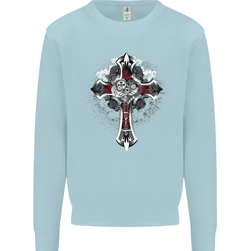 Steampunk Cross Gothic Heavy Metal Biker Mens Sweatshirt Jumper Light Blue