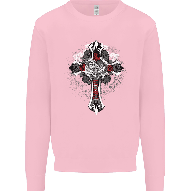 Steampunk Cross Gothic Heavy Metal Biker Mens Sweatshirt Jumper Light Pink