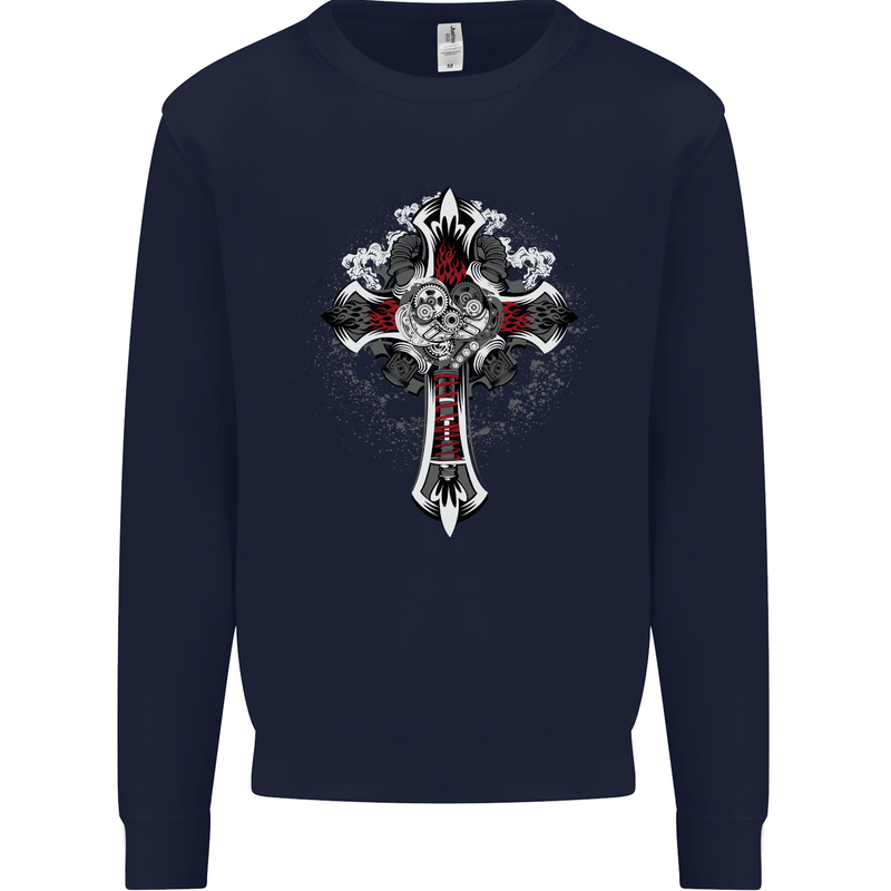 Steampunk Cross Gothic Heavy Metal Biker Mens Sweatshirt Jumper Navy Blue
