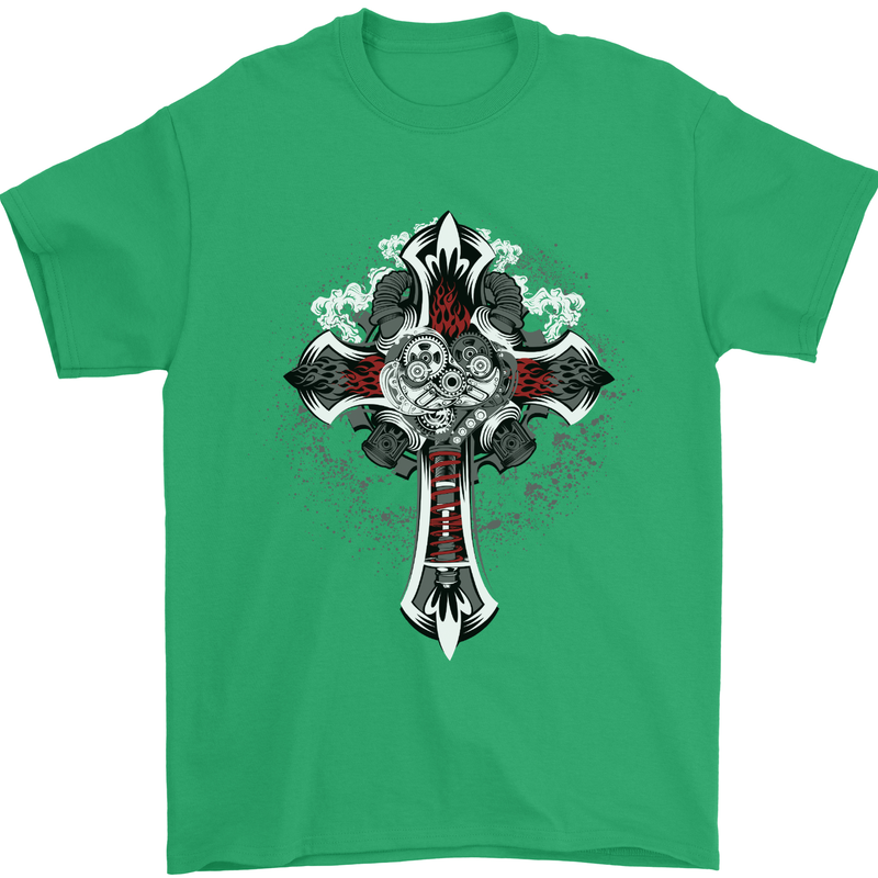 Steampunk Cross Gothic Heavy Metal Biker Mens T-Shirt Cotton Gildan Irish Green