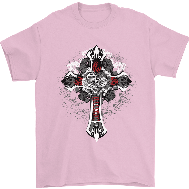 Steampunk Cross Gothic Heavy Metal Biker Mens T-Shirt Cotton Gildan Light Pink