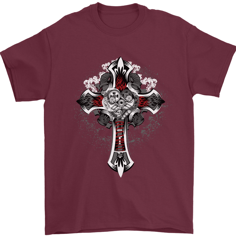 Steampunk Cross Gothic Heavy Metal Biker Mens T-Shirt Cotton Gildan Maroon