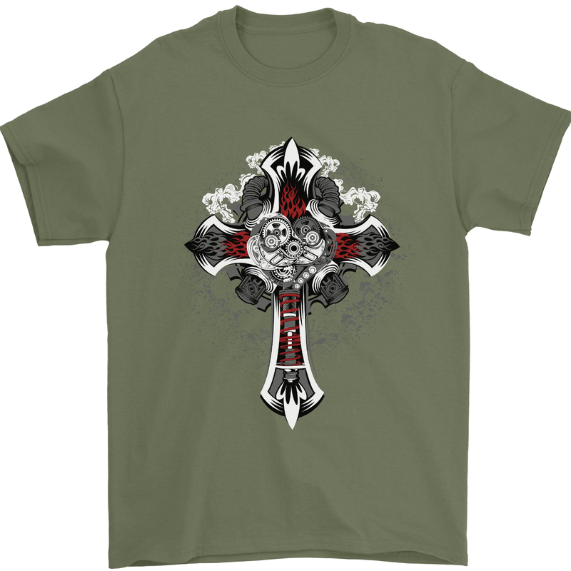 Steampunk Cross Gothic Heavy Metal Biker Mens T-Shirt Cotton Gildan Military Green
