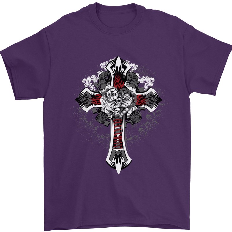 Steampunk Cross Gothic Heavy Metal Biker Mens T-Shirt Cotton Gildan Purple