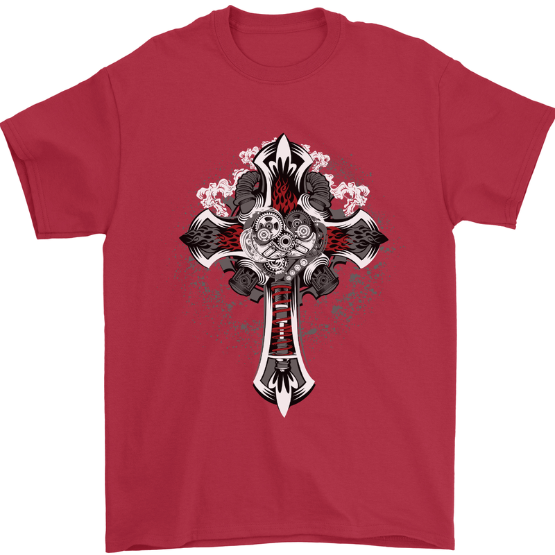 Steampunk Cross Gothic Heavy Metal Biker Mens T-Shirt Cotton Gildan Red