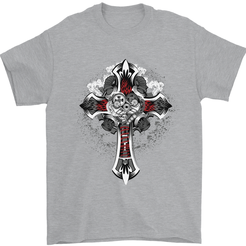 Steampunk Cross Gothic Heavy Metal Biker Mens T-Shirt Cotton Gildan Sports Grey