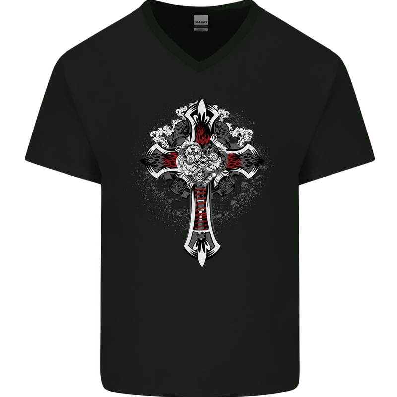 Steampunk Cross Gothic Heavy Metal Biker Mens V-Neck Cotton T-Shirt Black
