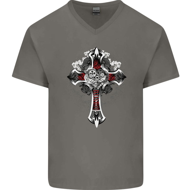 Steampunk Cross Gothic Heavy Metal Biker Mens V-Neck Cotton T-Shirt Charcoal