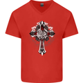 Steampunk Cross Gothic Heavy Metal Biker Mens V-Neck Cotton T-Shirt Red