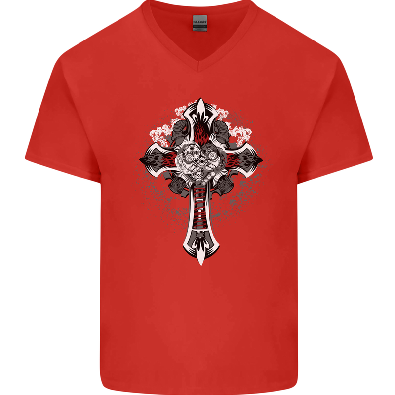 Steampunk Cross Gothic Heavy Metal Biker Mens V-Neck Cotton T-Shirt Red