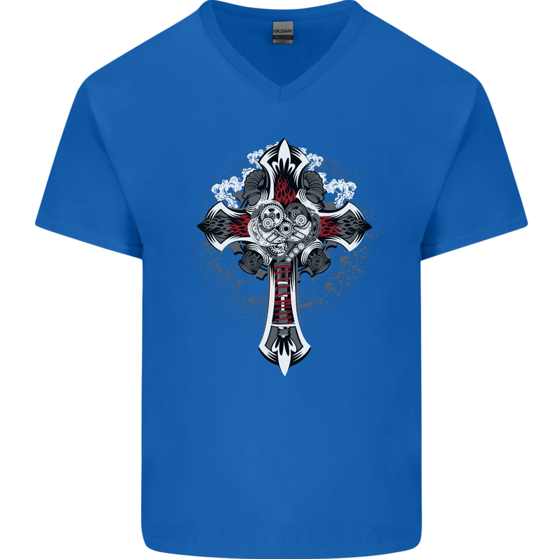 Steampunk Cross Gothic Heavy Metal Biker Mens V-Neck Cotton T-Shirt Royal Blue