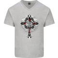 Steampunk Cross Gothic Heavy Metal Biker Mens V-Neck Cotton T-Shirt Sports Grey