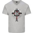 Steampunk Cross Gothic Heavy Metal Biker Mens V-Neck Cotton T-Shirt Sports Grey