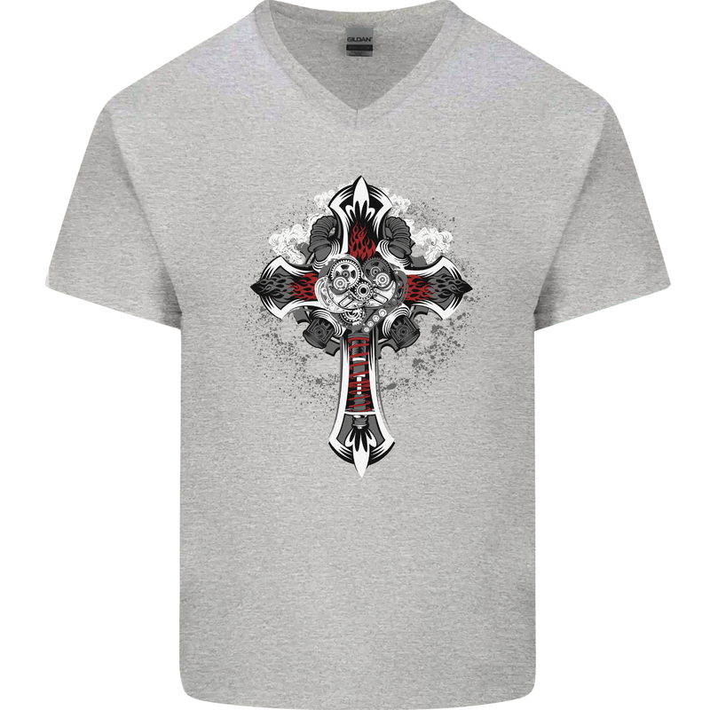 Steampunk Cross Gothic Heavy Metal Biker Mens V-Neck Cotton T-Shirt Sports Grey