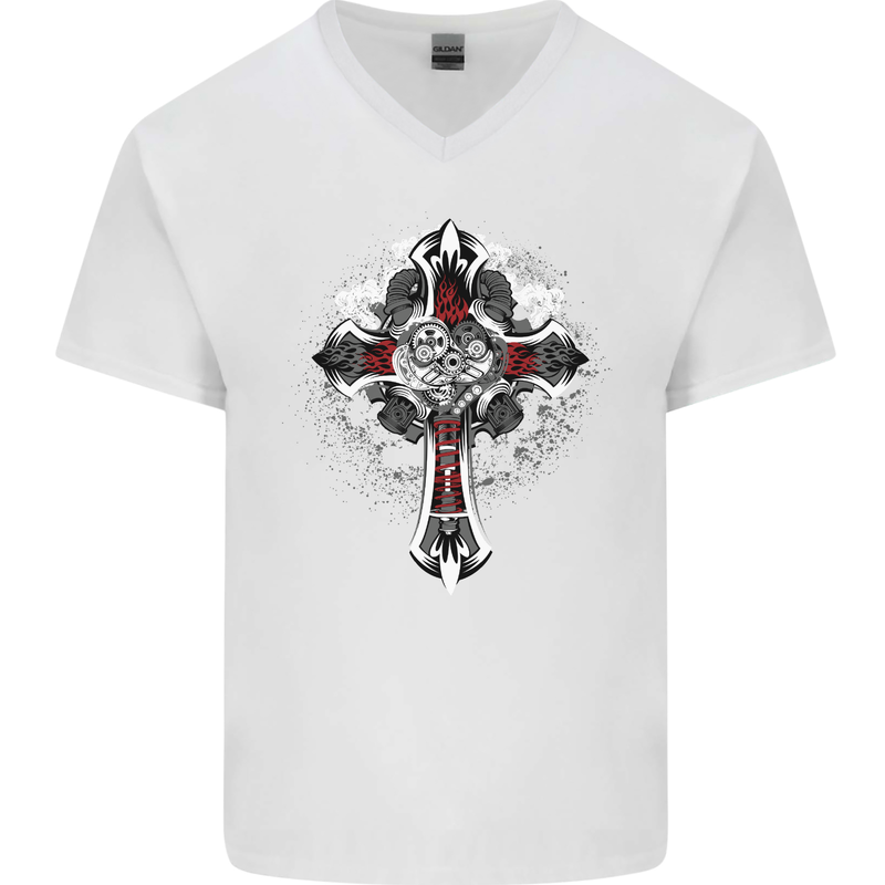 Steampunk Cross Gothic Heavy Metal Biker Mens V-Neck Cotton T-Shirt White