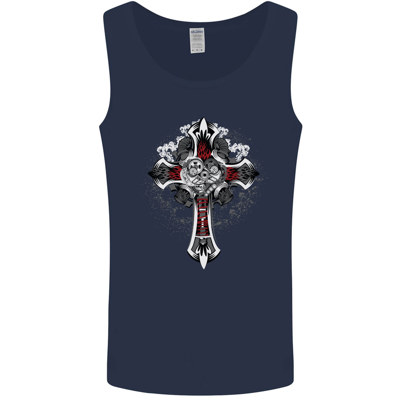 Steampunk Cross Gothic Heavy Metal Biker Mens Vest Tank Top Navy Blue