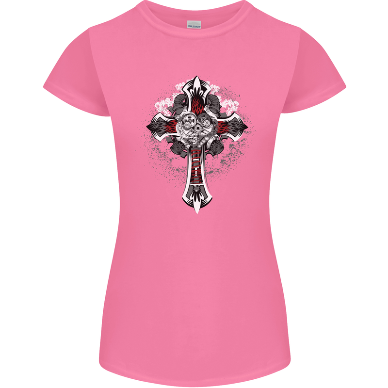 Steampunk Cross Gothic Heavy Metal Biker Womens Petite Cut T-Shirt Azalea