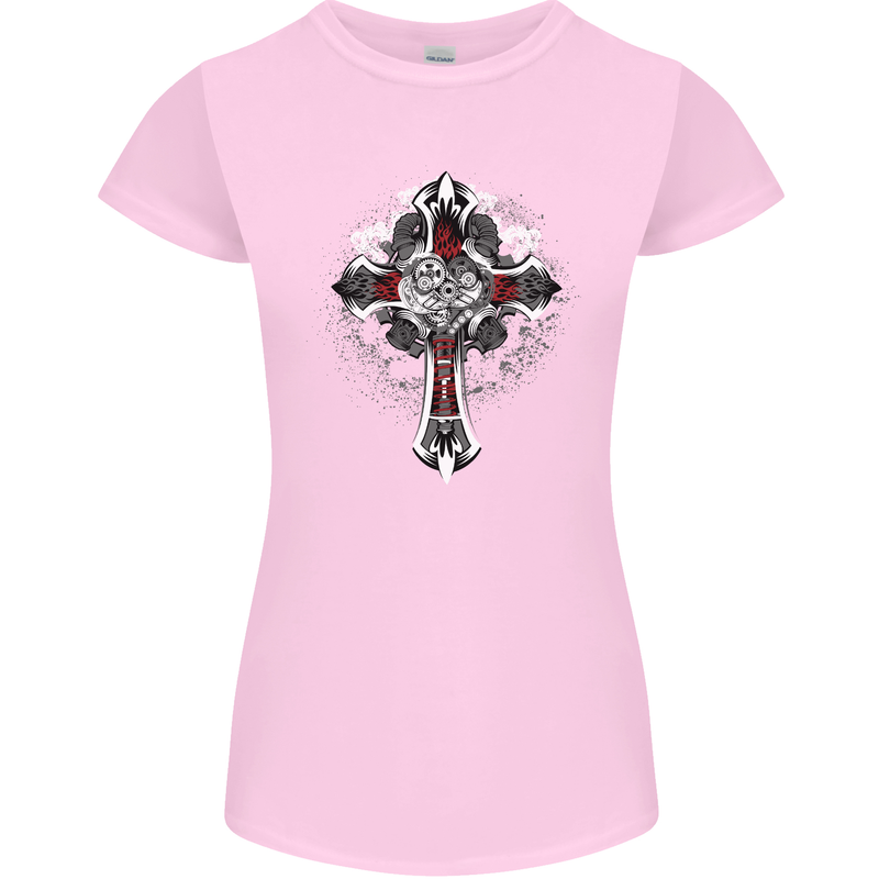 Steampunk Cross Gothic Heavy Metal Biker Womens Petite Cut T-Shirt Light Pink