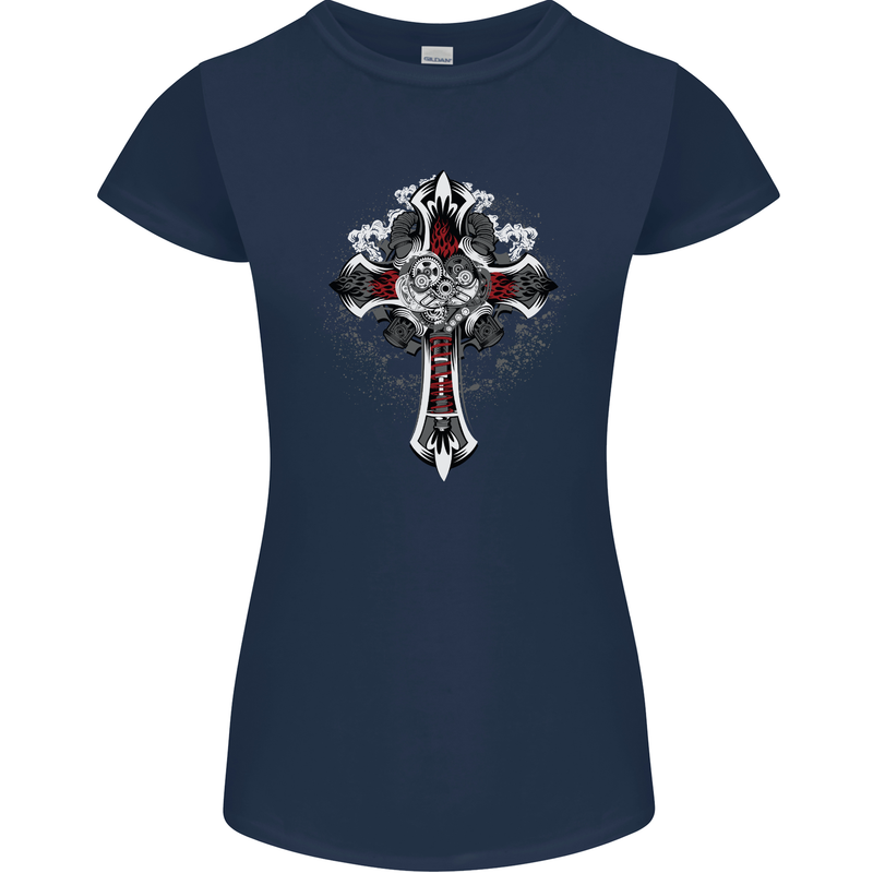 Steampunk Cross Gothic Heavy Metal Biker Womens Petite Cut T-Shirt Navy Blue