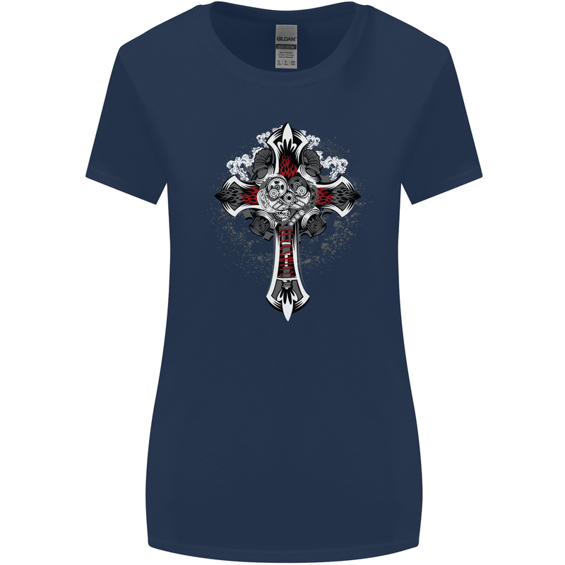 Steampunk Cross Gothic Heavy Metal Biker Womens Wider Cut T-Shirt Navy Blue