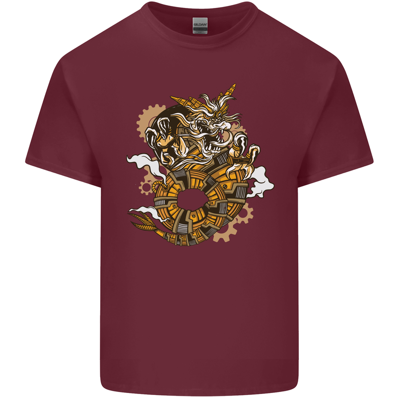 Steampunk Dragon Mens Cotton T-Shirt Tee Top Maroon