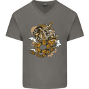 Steampunk Dragon Mens V-Neck Cotton T-Shirt Charcoal