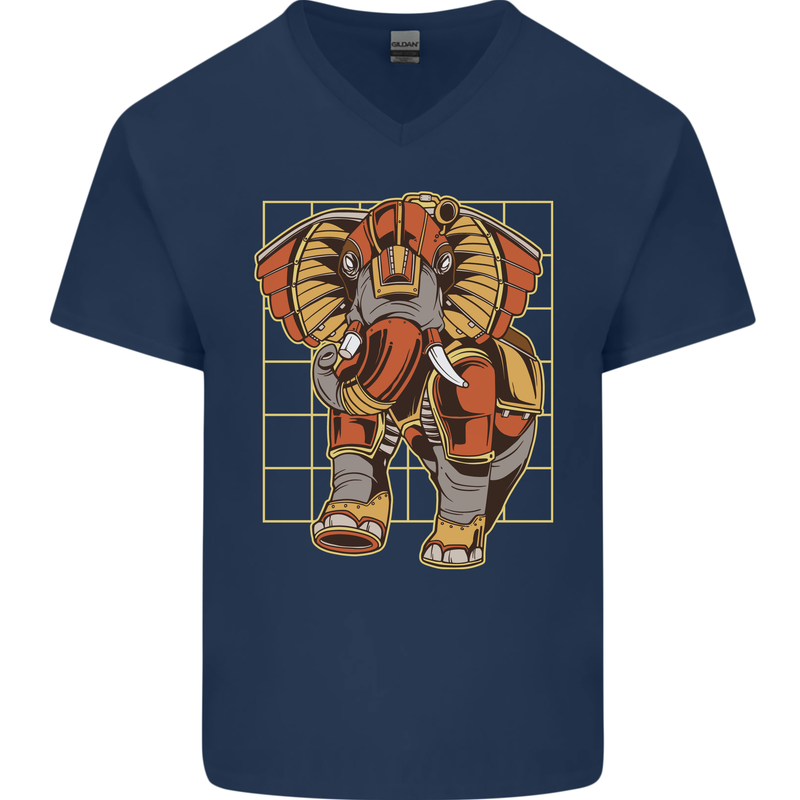 Steampunk Elephant Mens V-Neck Cotton T-Shirt Navy Blue
