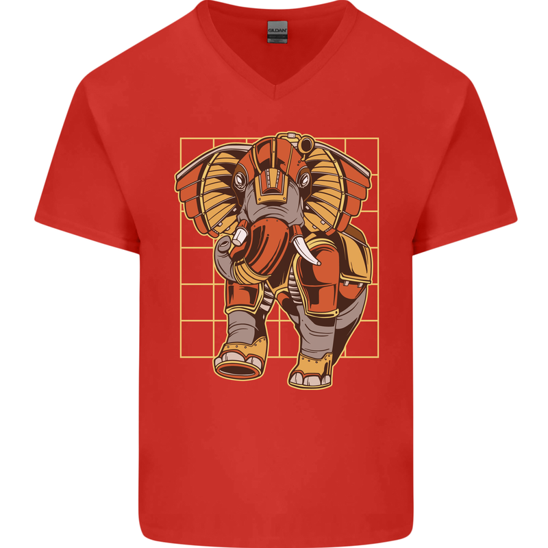 Steampunk Elephant Mens V-Neck Cotton T-Shirt Red