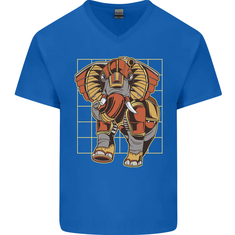 Steampunk Elephant Mens V-Neck Cotton T-Shirt Royal Blue