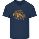 Steampunk Fox Mens V-Neck Cotton T-Shirt Navy Blue