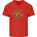 Steampunk Fox Mens V-Neck Cotton T-Shirt Red