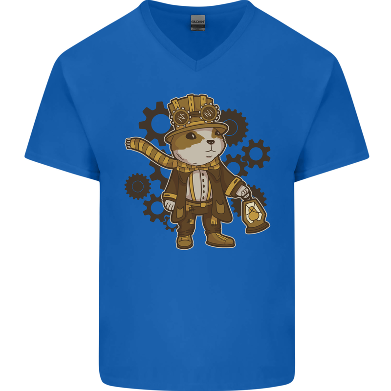 Steampunk Hamster Mens V-Neck Cotton T-Shirt Royal Blue