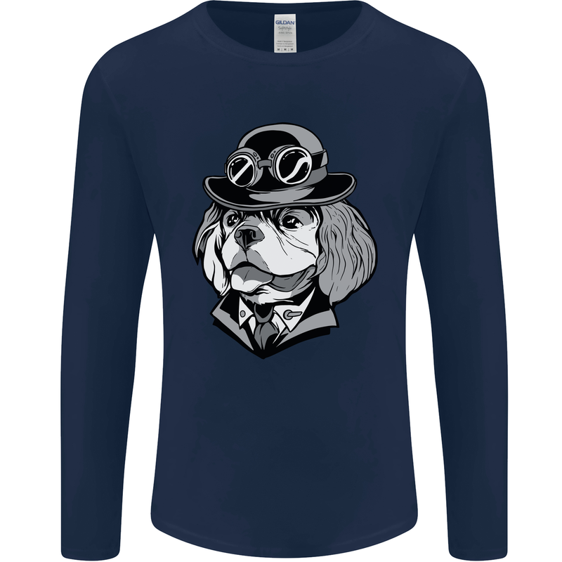 Steampunk King Charles Spaniel Cavelier Mens Long Sleeve T-Shirt Navy Blue
