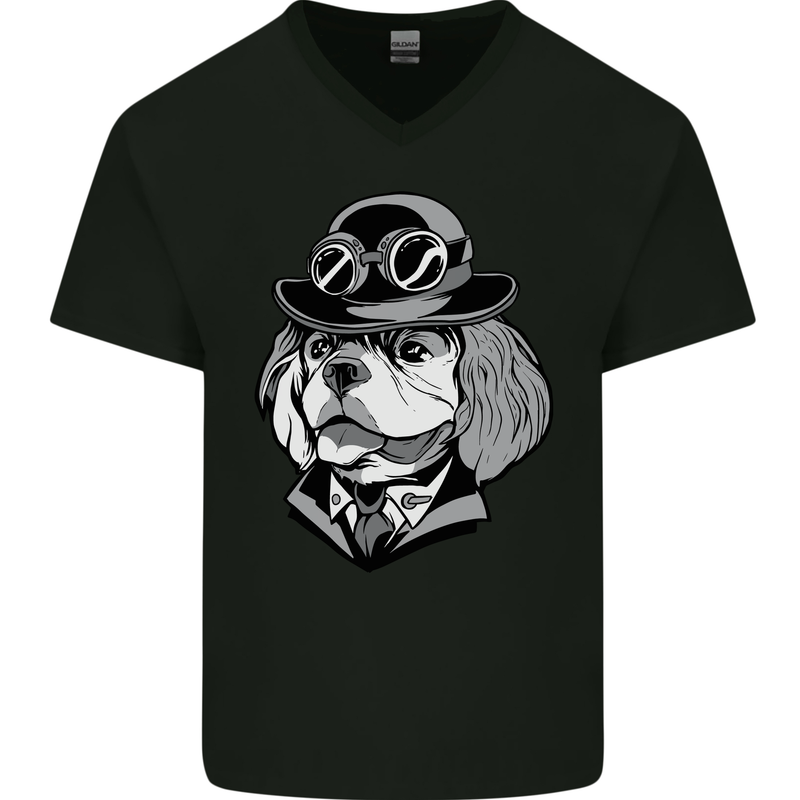 Steampunk King Charles Spaniel Cavelier Mens V-Neck Cotton T-Shirt Black
