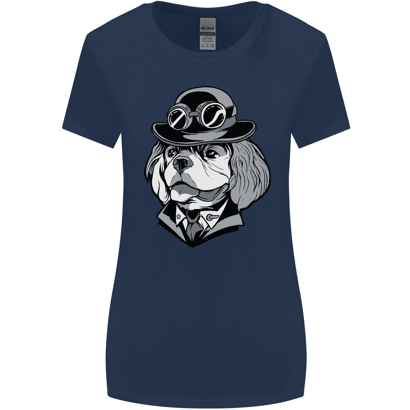 Steampunk King Charles Spaniel Cavelier Womens Wider Cut T-Shirt Navy Blue