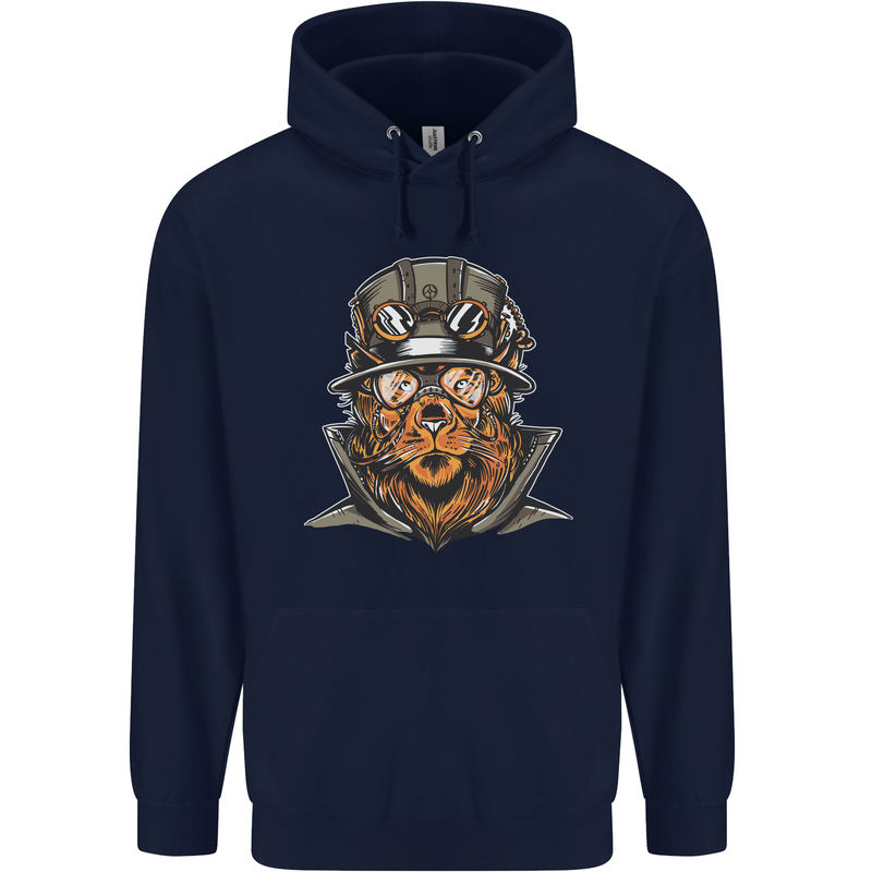 Steampunk Lion Mens 80% Cotton Hoodie Navy Blue