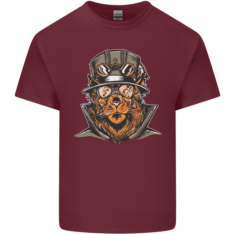 Steampunk Lion Mens Cotton T-Shirt Tee Top Maroon